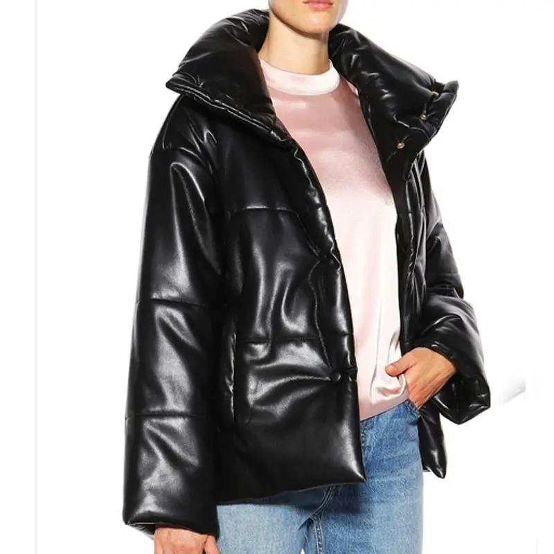 Women's PU Jackets Winter Thick Warm Parkas Turtleneck Oversize Outerwear Solid Plus Size Coats 2022 Faux Leather Female Full