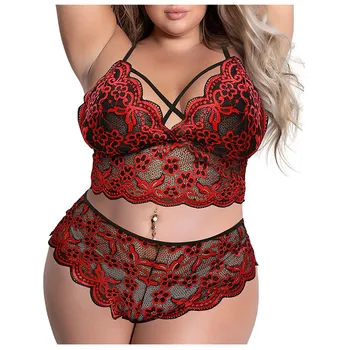 Women Plus Size Underwear Sexy Lingerie Back Cross Bra Lace Bralette 2 Piece Mesh Lingerie Set Big size Deep V Bra Panties Set 1