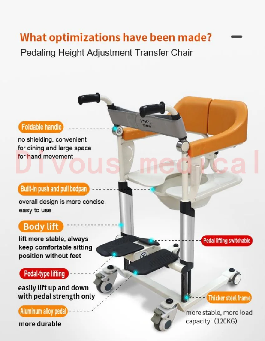 

2021 New Peoduct Multifunction Folding Patient Transfer Commode Toilet Wheelchair Pedal Adjust Height for Handicap and Aged