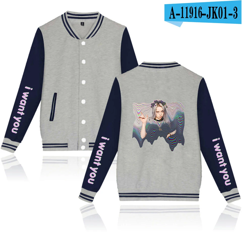As picture Billie Eilish, бейсбольная куртка, женская, мужская, модная, повседневная, Харадзюку, хип-хоп, уличная, с принтом, бейсбольная куртка, синяя+ серая, куртки, топы - Цвет: As picture