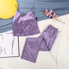 Новая женская пижама шелковые на бретельках с открытой спиной атласная пикантная кружевная одежда для сна без рукавов атласные длинные брюки для девушек ночник