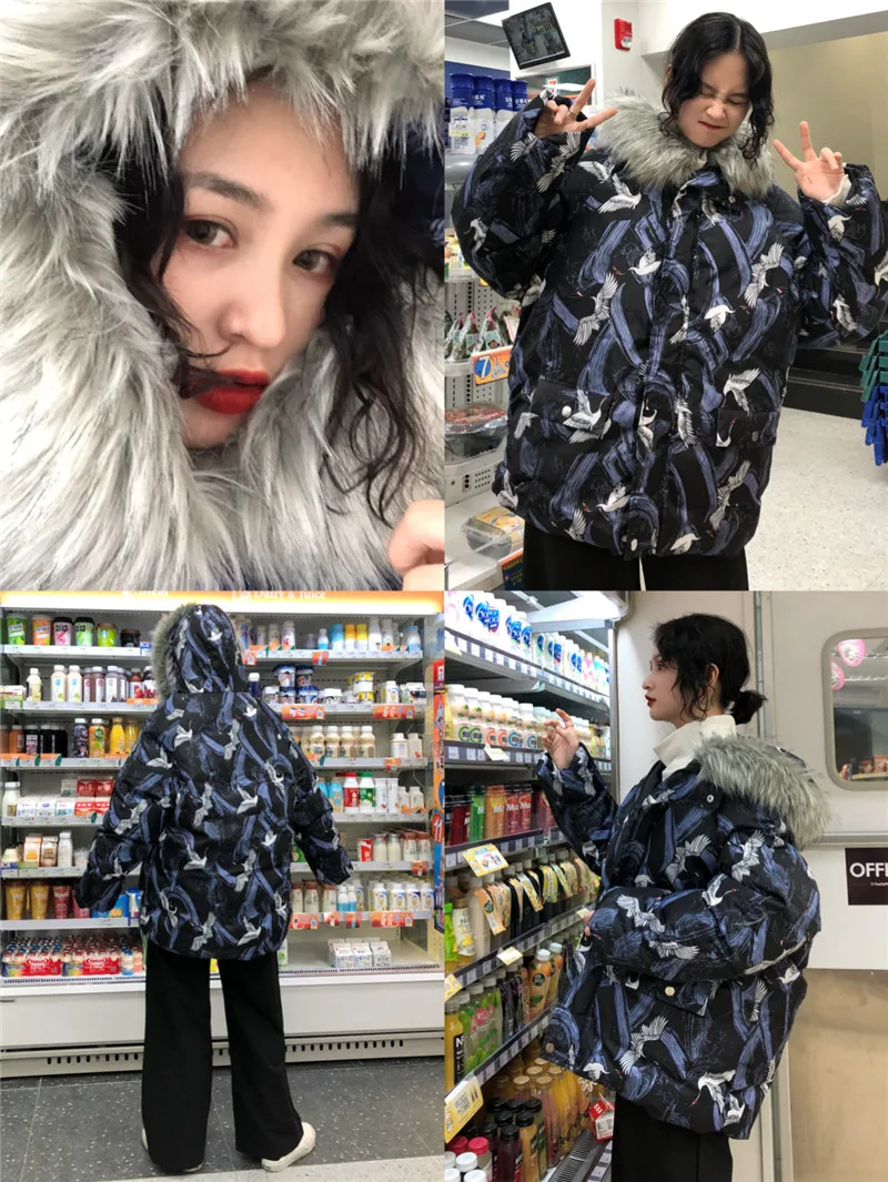 Woherb Harajuku куртки зимняя женская стеганая парка винтажный кран печати свободная японская стеганая куртка с капюшоном Femme Chaqueta Mujer