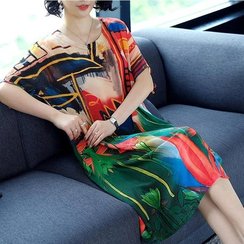 

QWEEK Tshirt Dress Women Summer Ethnic Floral Print Midi Dress 2021 Sundresses Csual Home Elegant Dress for Women Plus Size