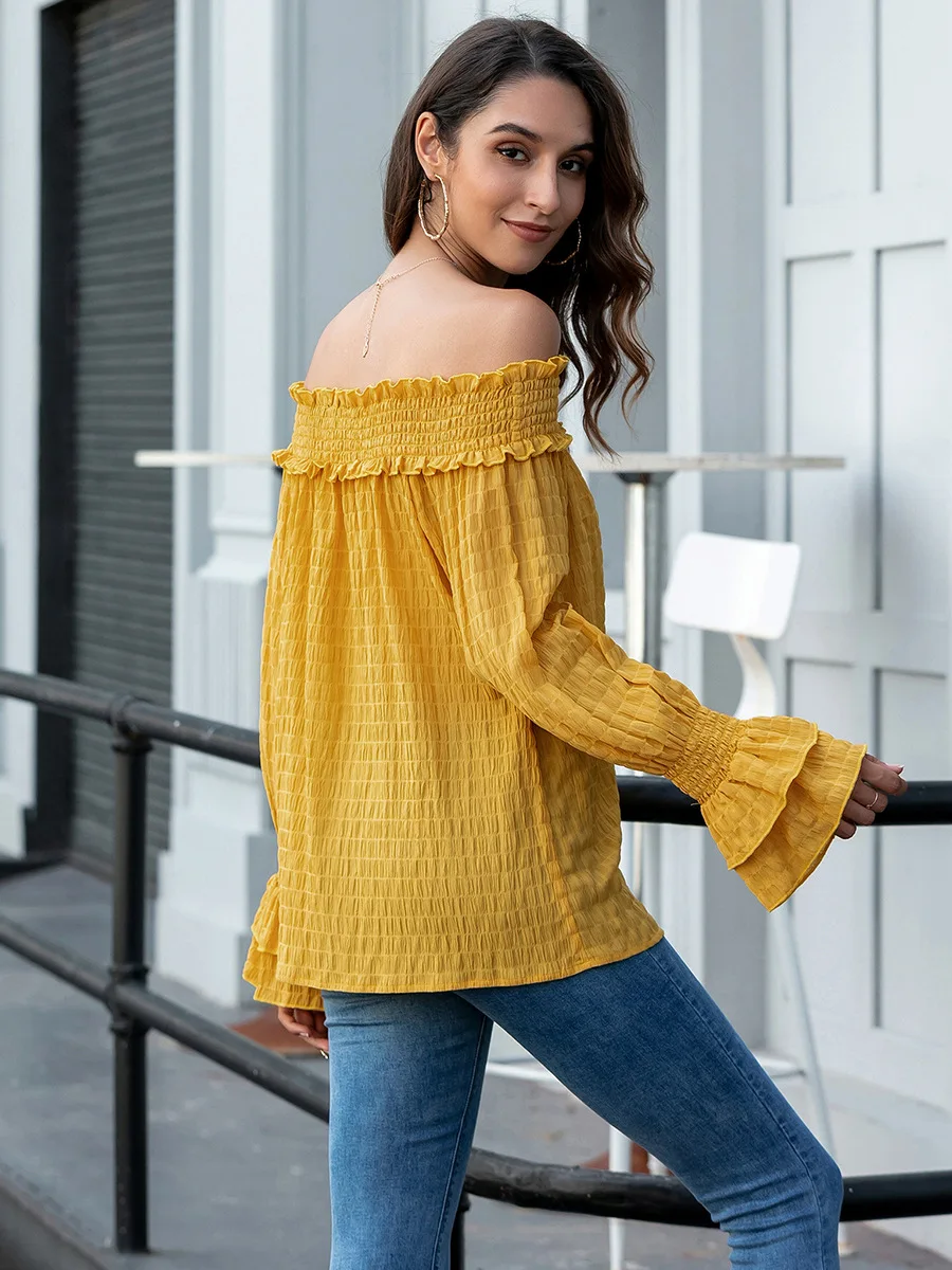 

Foridol off shoulder elegant blouse women long sleeve autumn winter solid casual loose blouse shirts 2020 ruffle tops female