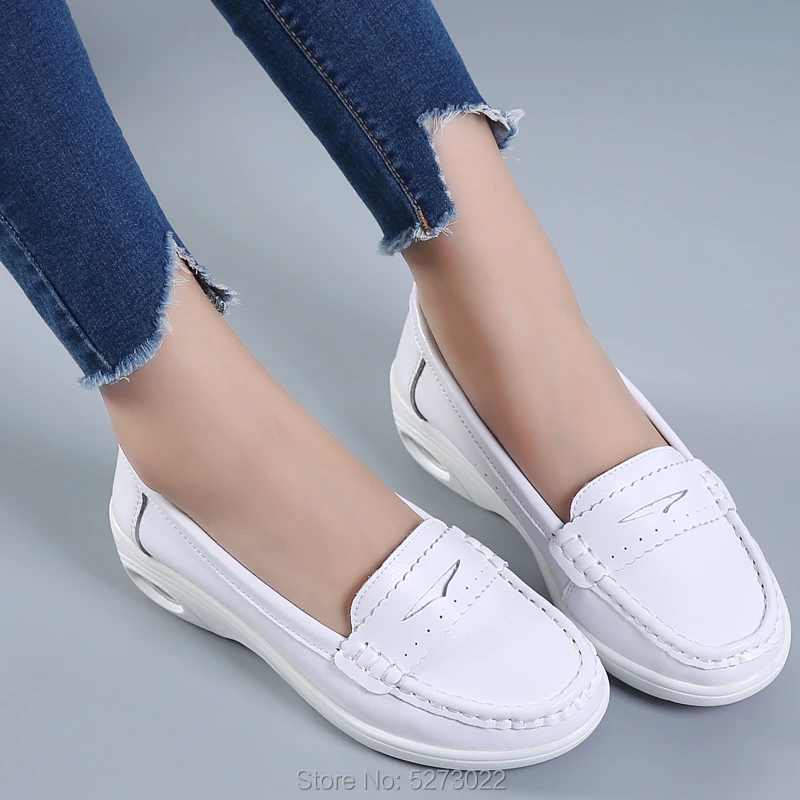 cotton inner Women Nurse Flats Shoes White Loafers Flat Sneakers Autumn Size 35-41 PU Leather Slip Ladies Round Toe | Обувь
