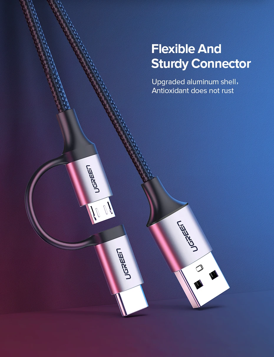 Ugreen usb type-C кабель для samsung Galaxy S10 S9 2 в 1 быстрый Micro USB кабель для зарядки и передачи данных мобильный телефон USB зарядное устройство Шнур