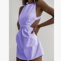 feminine sense of sleeveless dress personality solid color cross back high waist short skirt chic and comfortable in summer 2021