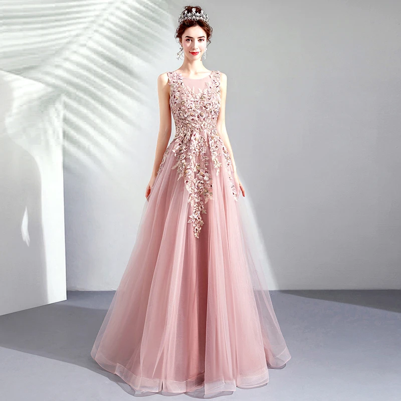 Новинка года; vestido de festa; милое Розовое Кружевное длинное вечернее платье с круглым вырезом; вечерние платья невесты с открытой спиной и бусинами; платья для выпускного с жемчугом