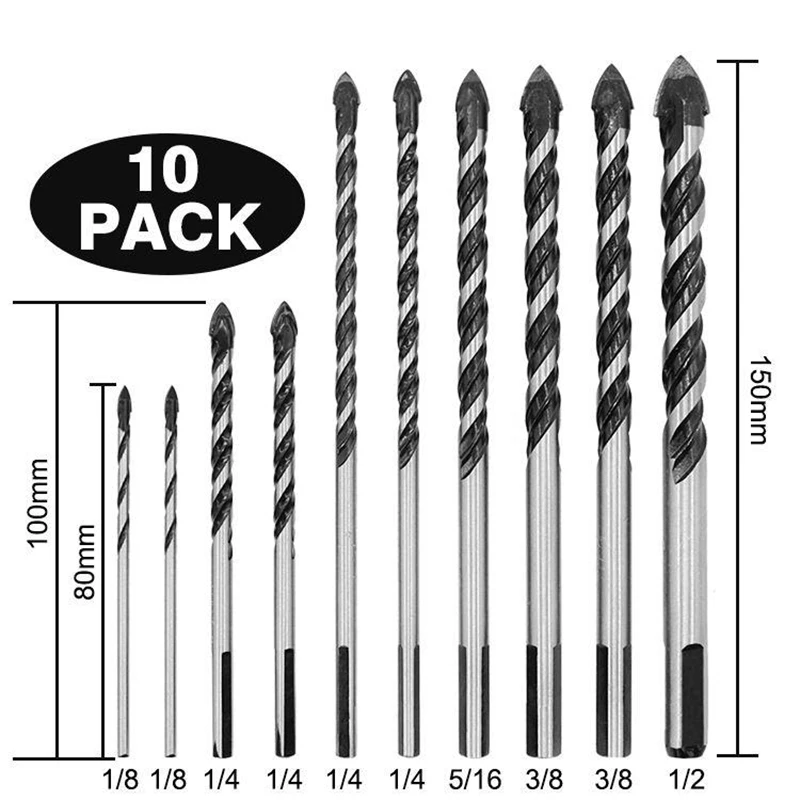 10pcs Carbide Drill Bit Set Twist Drill Bit Multifunctional Ceramic Wall Drill Marble Glass Tile Hole Opener Drill Alloy Bit Set