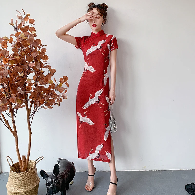 

Chinese Style Qipao Dress Women Short Sleeve Mid-Calf High Waist Loose Side Slit Dresses Oriental Vintage Crane Print Vestidos