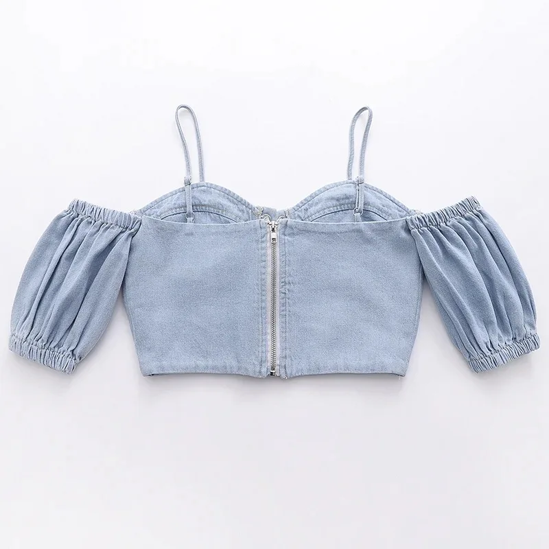 OUSHANG Puff Sleeve Bandage women's Denim Camisole PatchworkElastic Vintage V Neck Denim Corset Female Clothes Fashion