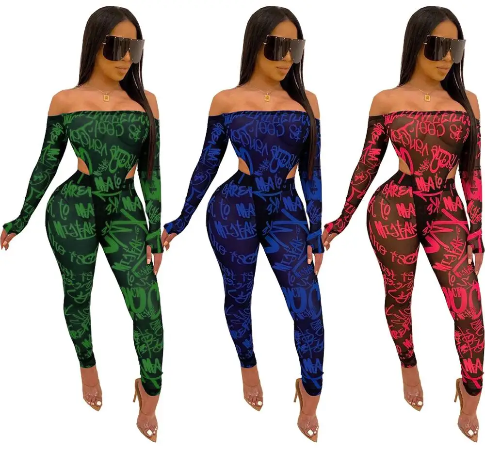 

Letter printed sexy mesh 2 piece set women slash neck long sleeve bodysuit and skinny long pants party club outfit SM9060G