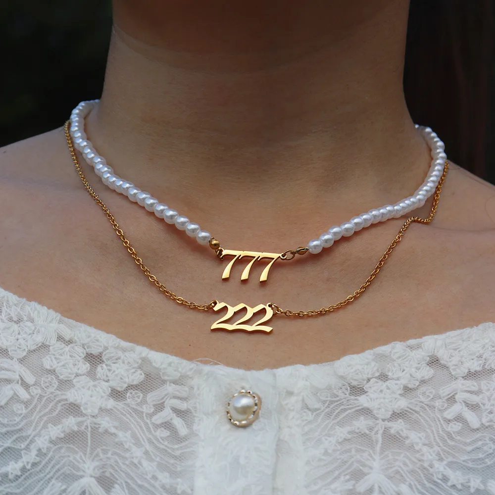 Pearl Choker Necklace 111 222 333 444 555 666 777 888 999 Angel Number Necklaces Women Stainless Steel Jewelry Gift Collier | Украшения и