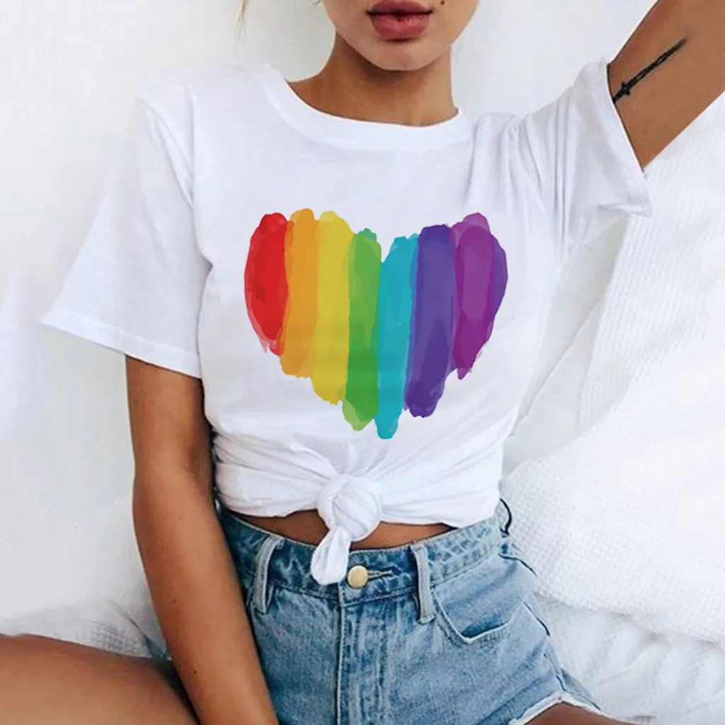 

Women T-shirt 2021 Heart-shaped Rainbow Letter Printed Fun Tees O Neck Summer Cute T-Shirts Tops Plus Size Female Tee Plus Szie