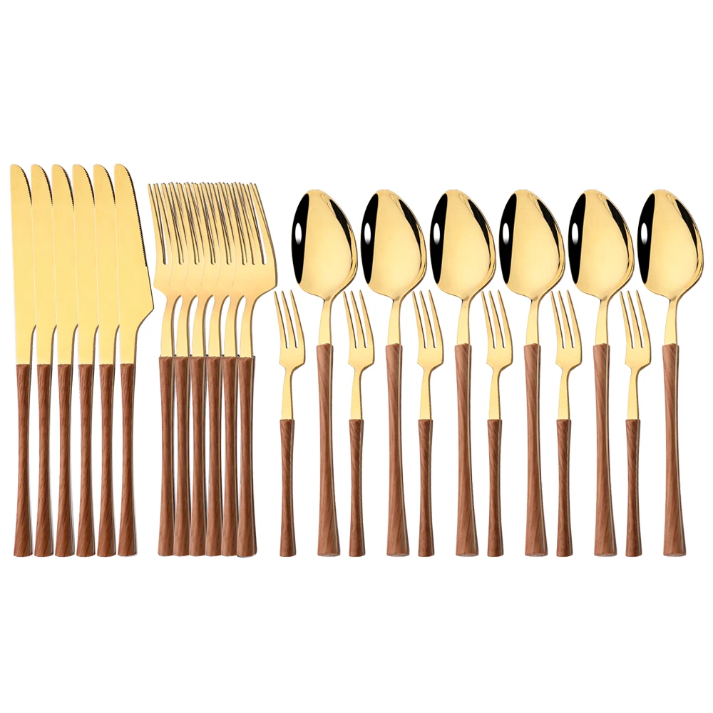 

24Pcs/6Set Stainless Steel Imitation Gold Wooden Handle Cutlery Set Dinnerware Western Tableware Knife Tea Fork Spoon Flatware