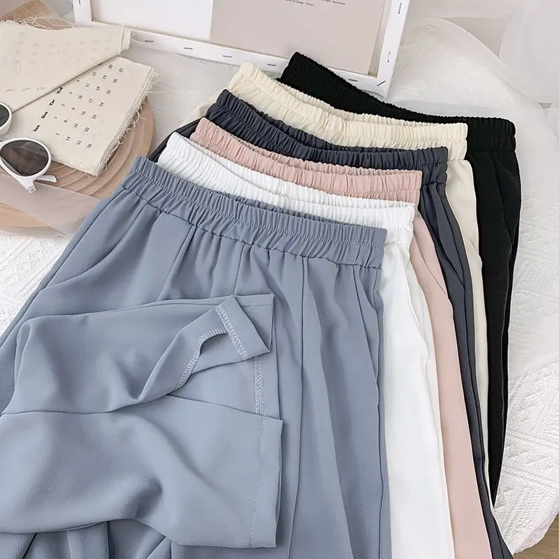 

KUSAHIKI Women Pants Korean Chiffon Split Wide Leg Trousers Causal Stretch Waist Suit Long Pants Mujer Pantalones 2021 New 6H015