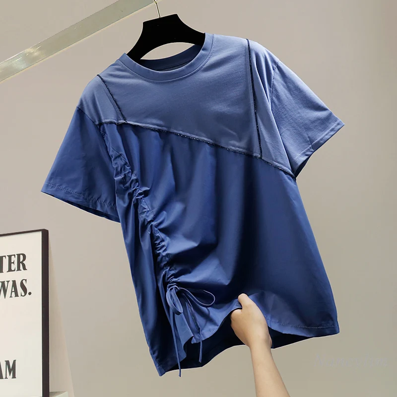 

Drawstring Pleated Irregular Pullover Short Sleeve Elegant T-shirt Femme Fashion Design Casual Loose Top Tees Summer 2021
