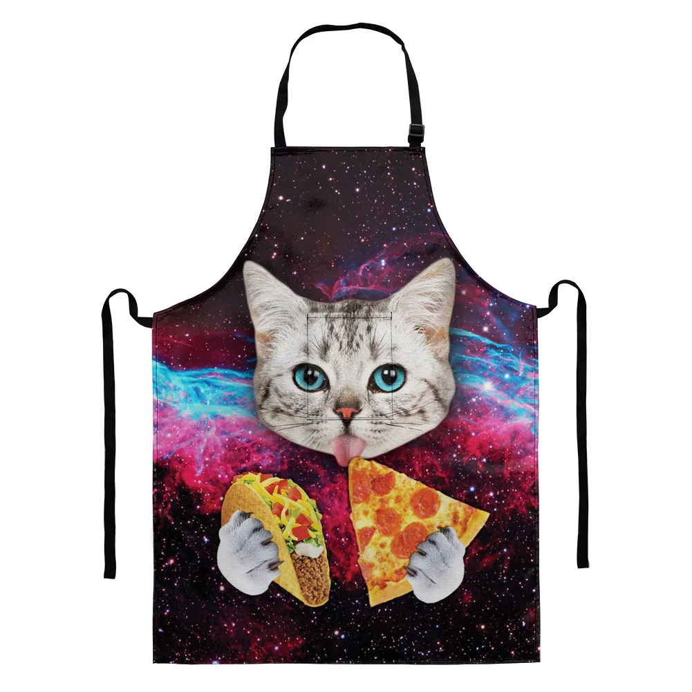 

Universe Galaxy Cats Printing Kitchen Cooking Aprons Funny Animal Space Cat Eat Pizza Design for Women Men Customized Pinafore