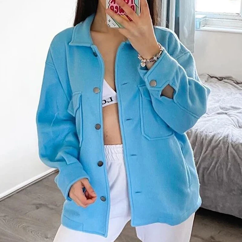 

Wool Coat Casual Long Sleeve Button Pocket Outwear Women Jacket 2021 Single Breasted Turn-down Collar Female Solid Loose Jackets
