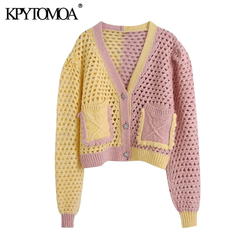 

KPYTOMOA Women Fashion With Gem Button Cutwork Cropped Knit Cardigan Sweater Vintage Long Sleeve Female Outerwear Chic Tops