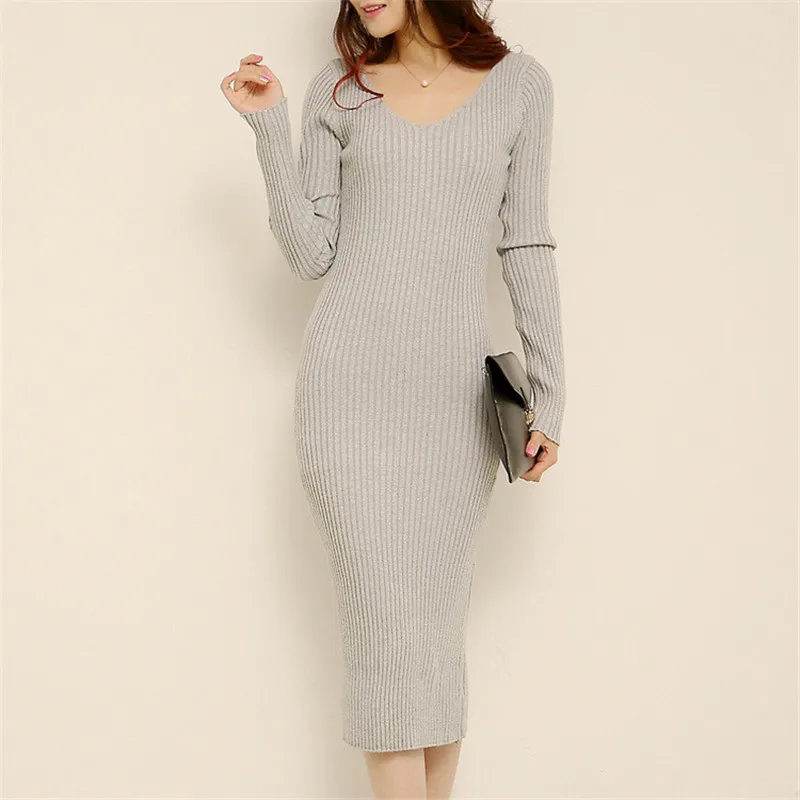 WSYORE Женская Повседневная с длинным рукавом и v-образным вырезом вязаные платья