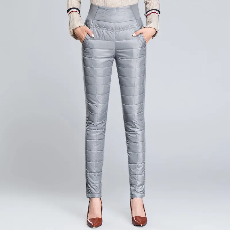 Oversize 4Xl Skinny Down Pants Women Snow High Waist Elastic Warm Winter Pants Mother Wine Red Outdoor Pencil Sweatpants