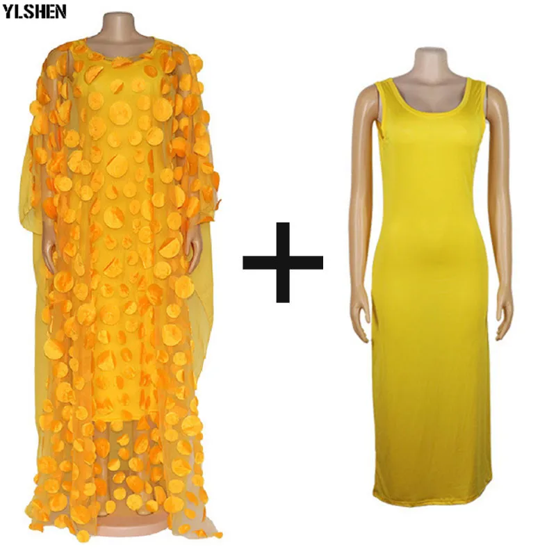 Style3Yellow2pcs set Африканские платья для женщин Дашики кружевная африканская одежда Bazin Broder Riche вышивка блестками Robe Boubou Africain платье платья - Цвет: Style3Yellow2pcs set