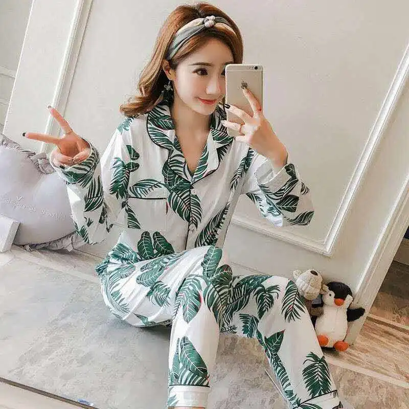 

JRMISSLI New Cartoon Women Pajamas Long Sleeved Trousers Pure Cotton Autumn And Winter Korean Style Loose Home Service Suits Pyj