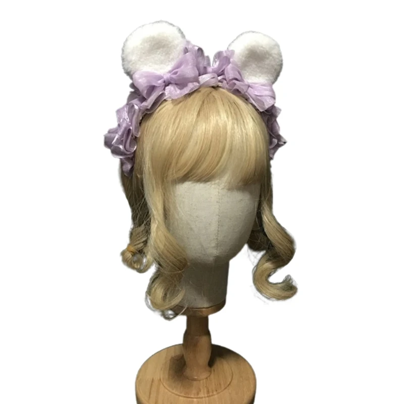 

Lolita Bunny Bear Ears Headband Sweet Mesh Bowknot Lace Cosplay Wide Hair Hoop
