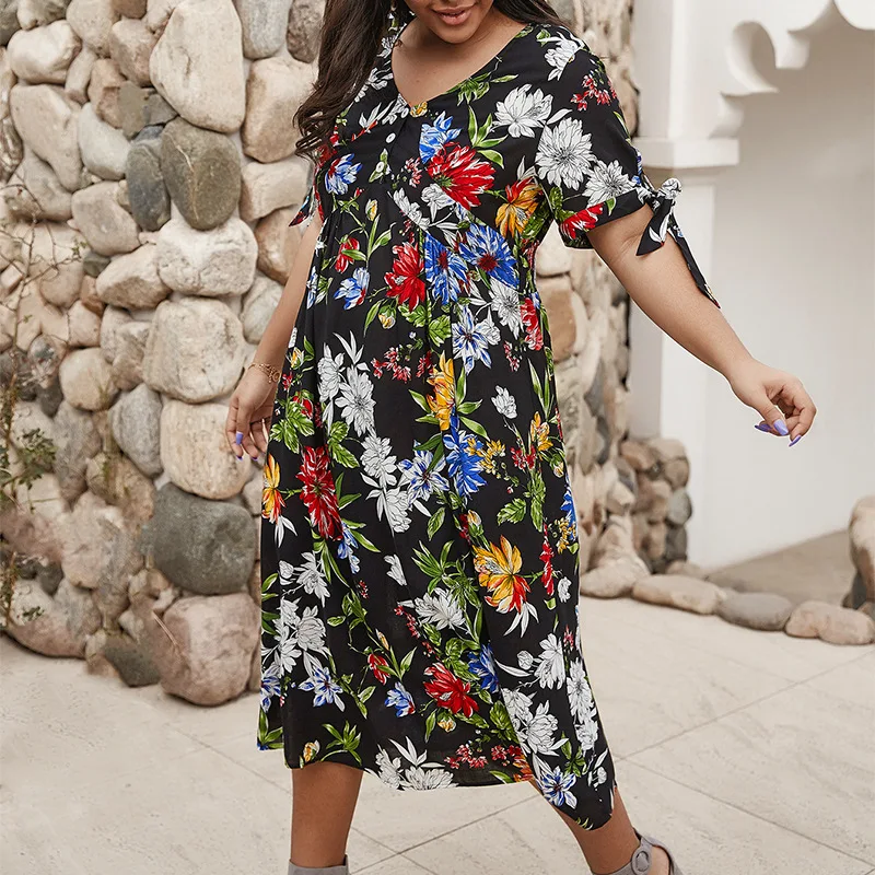 

2020 New Beach Printed Dress Femme Deep V-Neck Sexy Short Sleeve Flower Printed Plus Size 3XL 4XL Party Dress Femme Yellow Dress