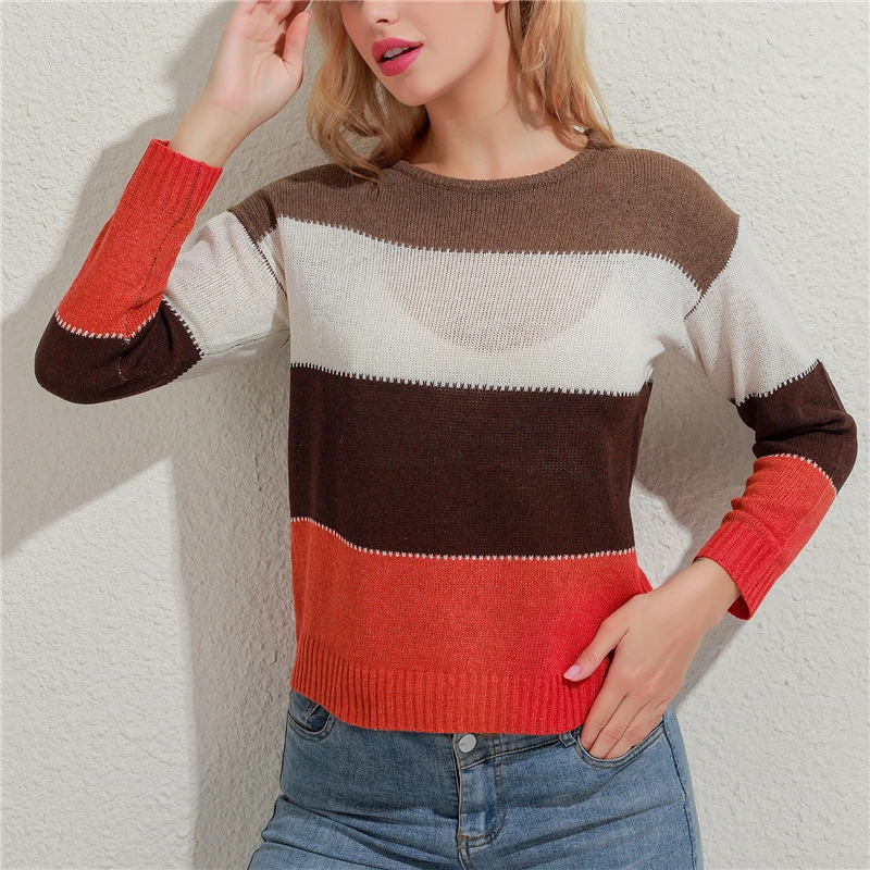 

Women Stripe Sweater Autumn Winter New Loose Long Sleeve Pullover Tops Korean Ladies Knitted Patchwork Korean Sweaters