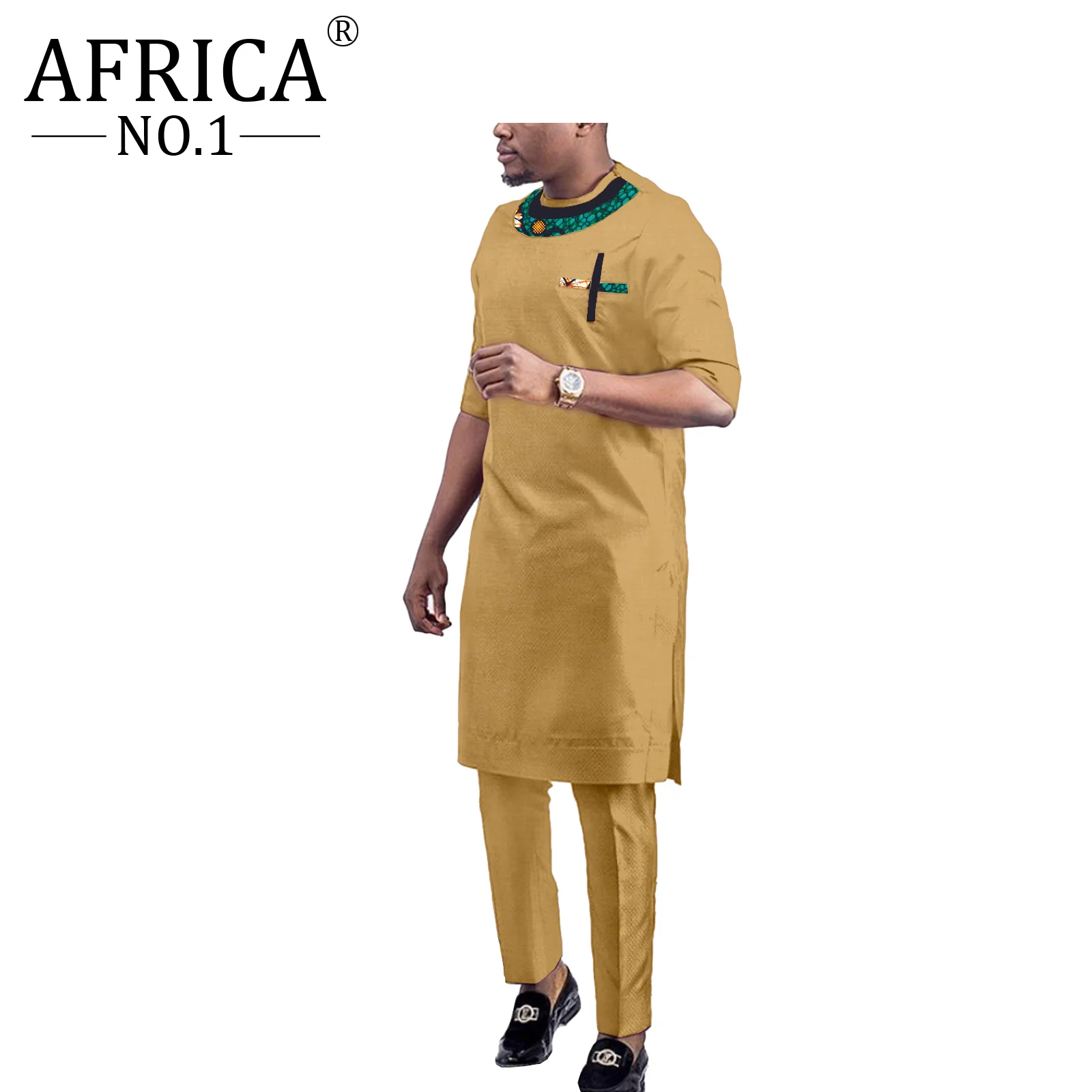 African Clothes For Men Wax Rich Bazin Dashiki Style Splicing Design 2 Piece Casual Sets Outfits Robe Long Sleeve Crew Neck