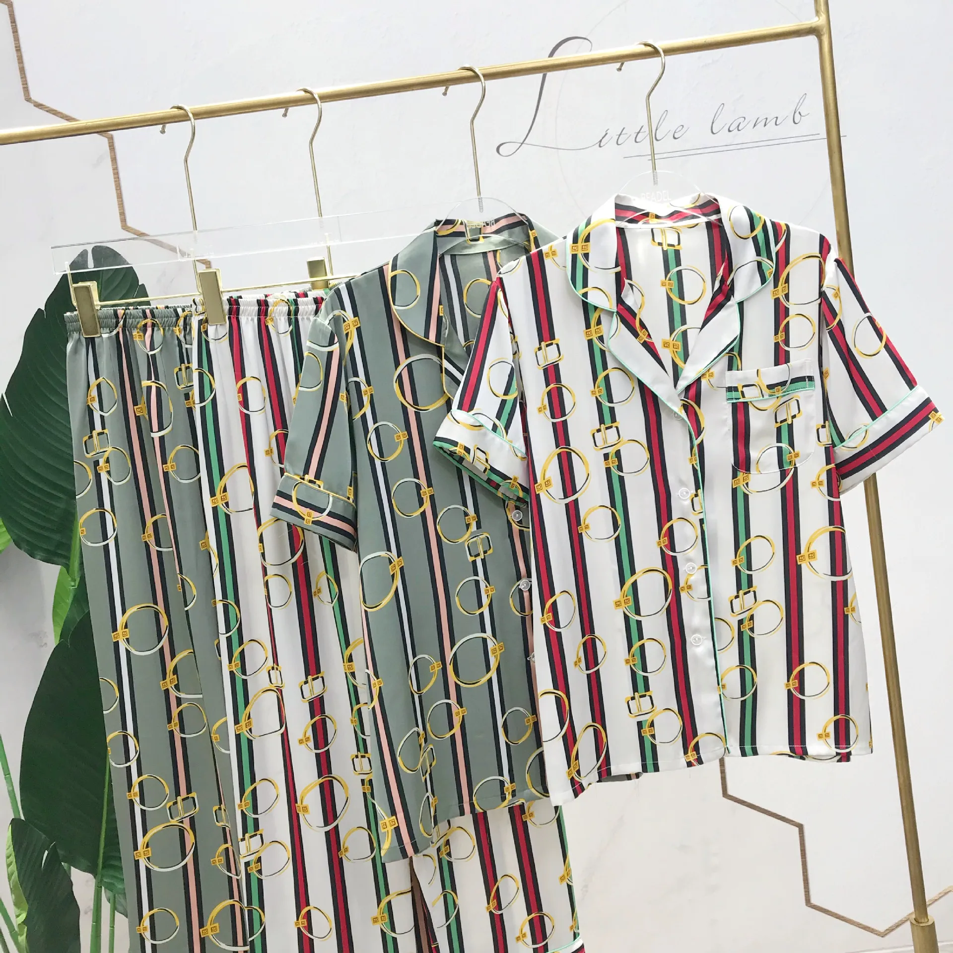 

New Women's Homedress Pajamas Suit Short Sleeve Trousers Nightgown Lapel Sleepwear Thin Ice Silk Cardigan Fashion Home Clothing
