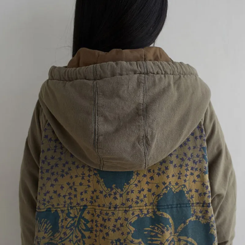

Woman Thicken Hooded Outerwear Winter Chinese Style Baggy Vintage Cotton Padded Windbreaker Loose printing Long Parka Overcoat