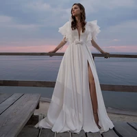 2021 side slit white with bow jersey v neck full sleeve sweep train with high quality button wedding dresses for elegant party