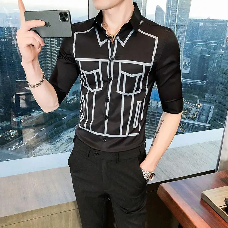 

Men Casual Shirts Graffiti Line Print Mens Harajuku Camisas Para Hombre Hip Hop Outfit Social Club Business Formal Dress Men