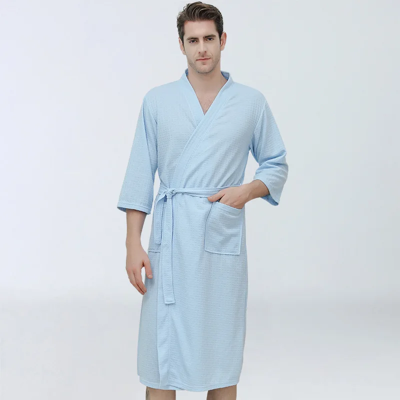 

Men Waffle Plaid Summer Kimono Bathrobe Robe Sexy V-Neck Lingerie Sleepwear Mid-Length Nightwear M-XL Bath Loose Home Wear