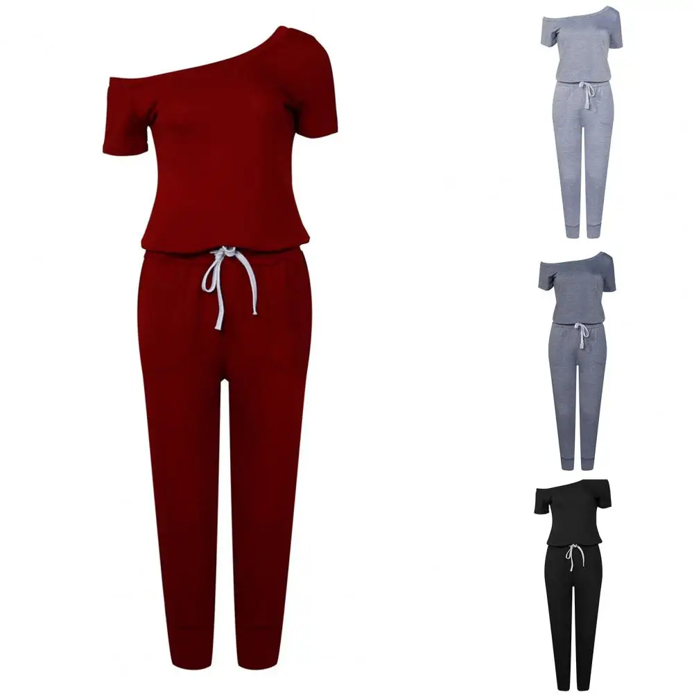 

80% Hot Sales Women Romper Solid Color Tight Waist 4 Colors Ladies Oblique Shoulder Jumpsuit for Shopping