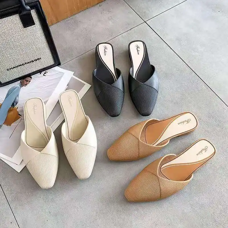 

Pointed Ladies Half Slippers Outer Wear Pleated Stripe Shoes Korean Summer Students Lazy Slippers For Home Designer Sandals