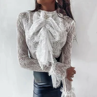 hirigin women spring chiffon lace blouses plus size white lace up bow long sleeve pullovers tops office elegant ol casual blusas