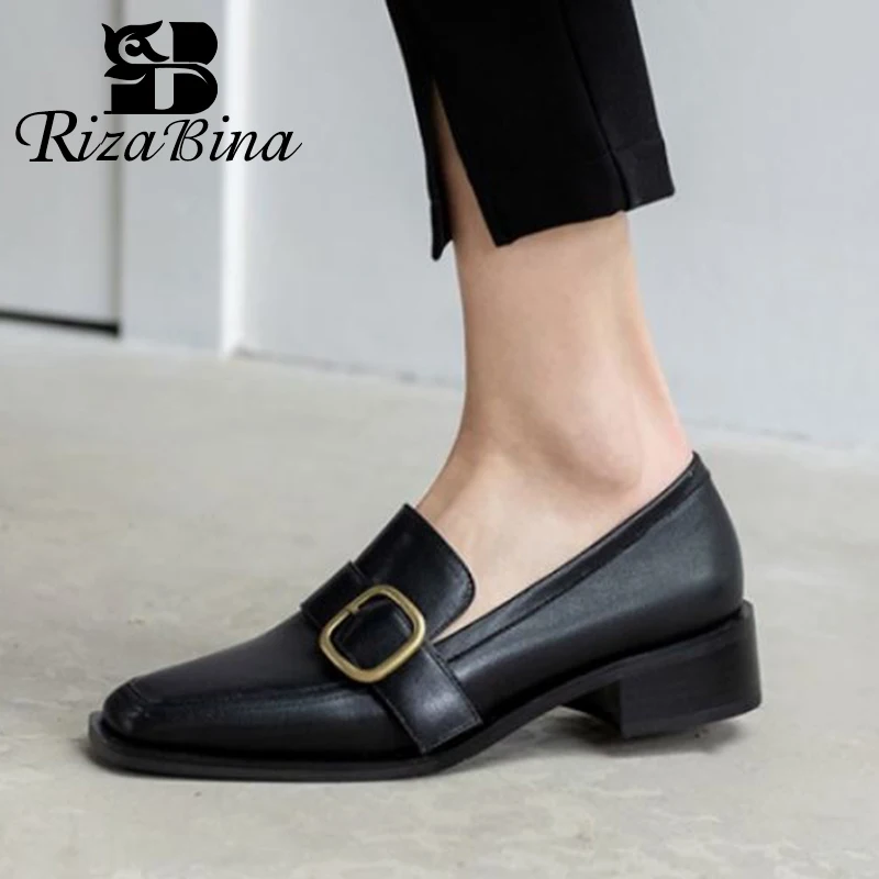 

RIZABINA Size 33-40 Spring Women Real Leather Pumps Square Toe Buckle Slip On Shoes Solid Color Loafers Ladies Footwear