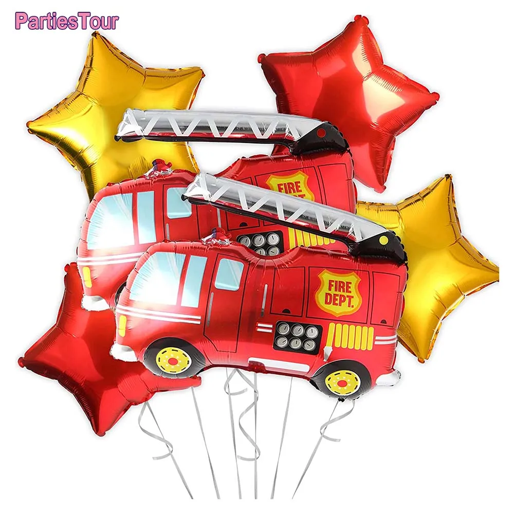 

6pcs Firetruck Balloons Fire Engine Rescue Themed Birthday Decorations Helium Ballons Firefighter Truck Birthday Party Spplies