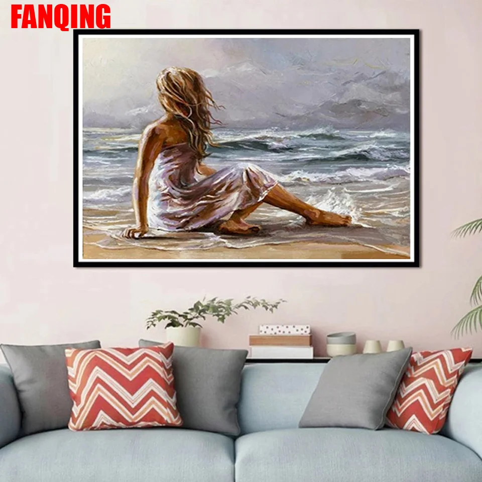 

5D Diamond Painted Mosaic "Girl by the Sea" DIY Handmade Decorative Gift Full Round Diamond Embroidery Cross Stitch Diamond Art