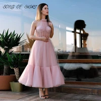 pink prom dresses ankle length long vestidos de gala elegant evening gowns a line sleeveless halter neck tulle robe de soiree