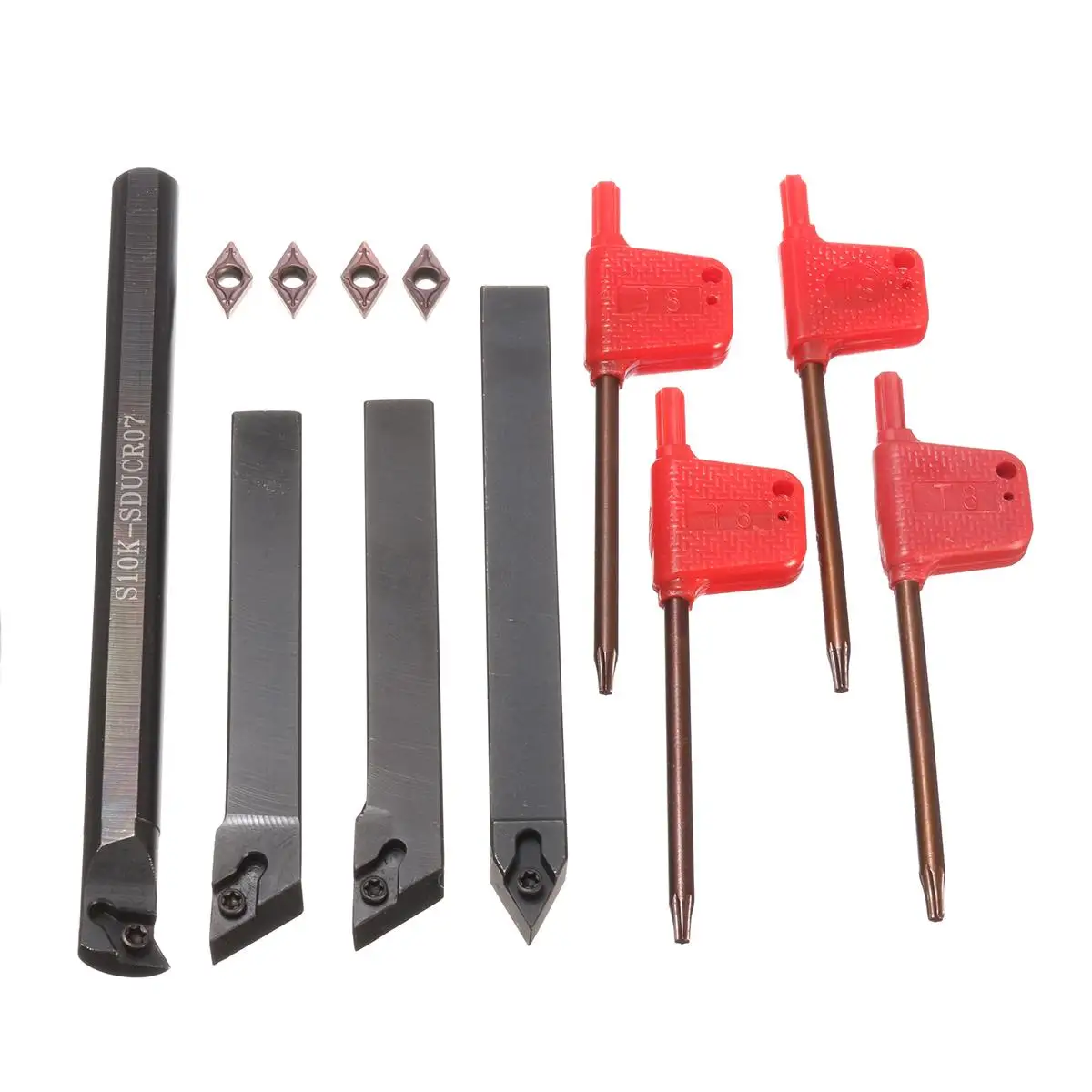 

4Pcs 10mm Lathe Turning Tool Holder Boring Bar DCMT 4Pcs Carbide Insert Blades 4Pcs Wrench T8 for Lathe Turning
