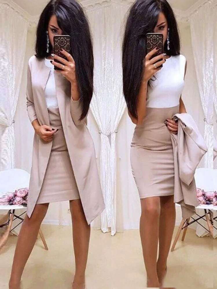 

2019 New Suits Office Lady Formal Dress Business Wear Women Long Blazer Jacket Sheath Dress 2 Piece Women's Sets