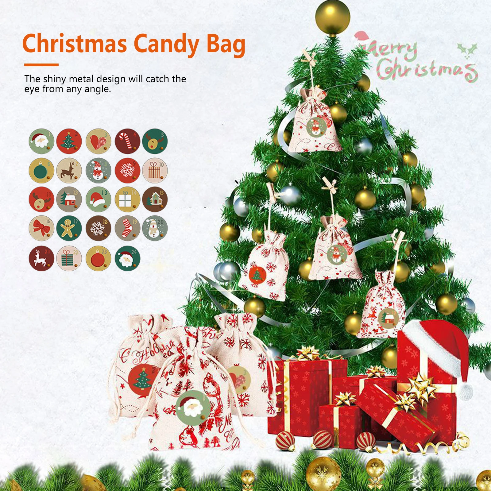 

24pcs Metallic Christmas Drawstring Bags Bronzing Linen Pouch Candy Treat Goody Bag with Wooden Clip Sticker Twine Navidad Gifts
