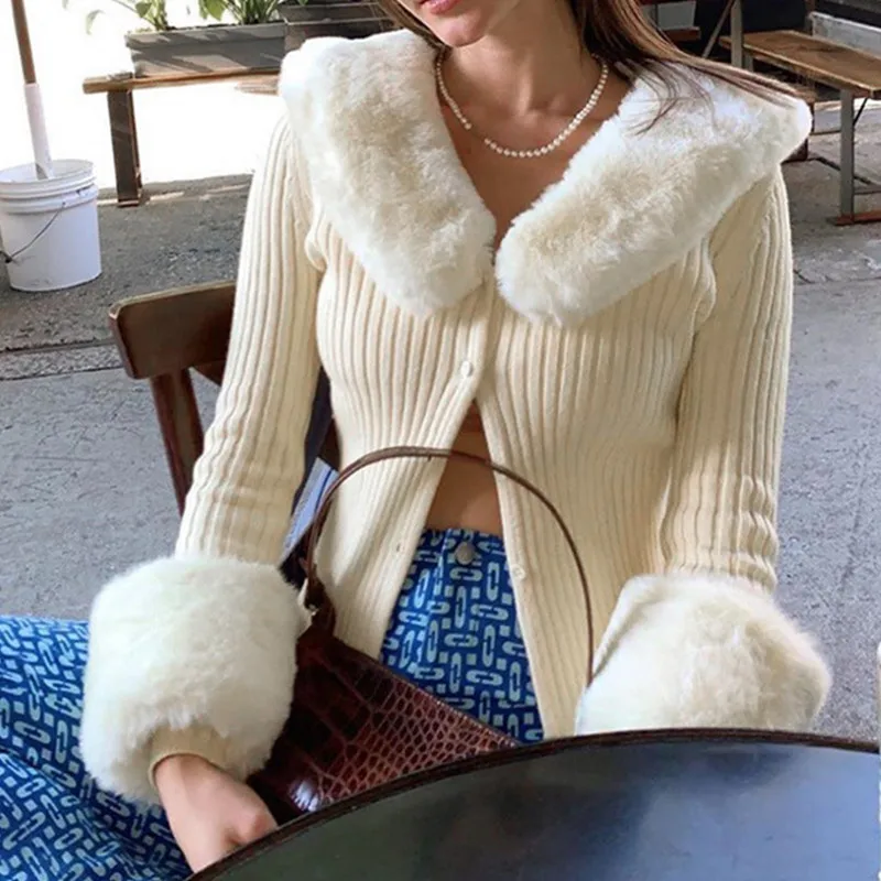 

Knitted Cardigans Sweater Women Fur Trim Collar Slim 2021 Autumn Winter Casual Cotton Jumpers Y2K Button Top Knitwear