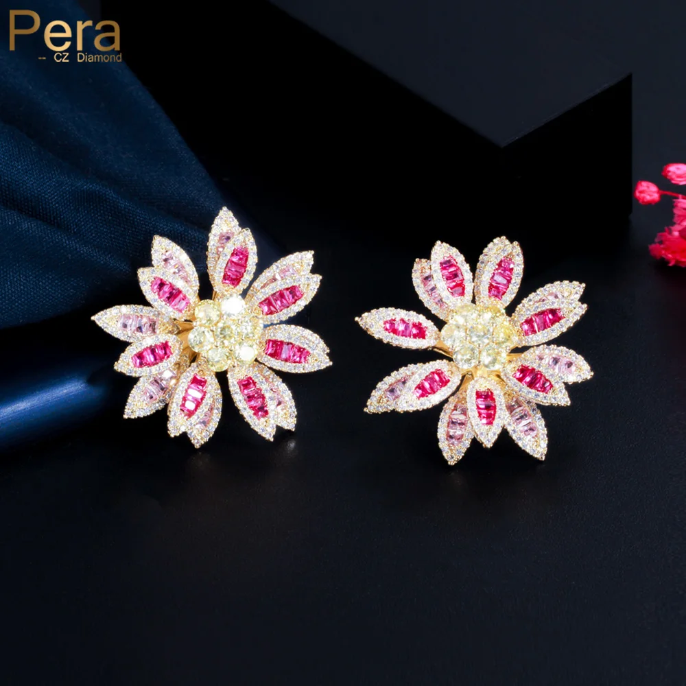 

Pera Brilliant Red Yellow CZ Stone Gold Color Large Sunflower Statement Stud Earrings for Women 2023 Boho Ethnic Jewelry E780