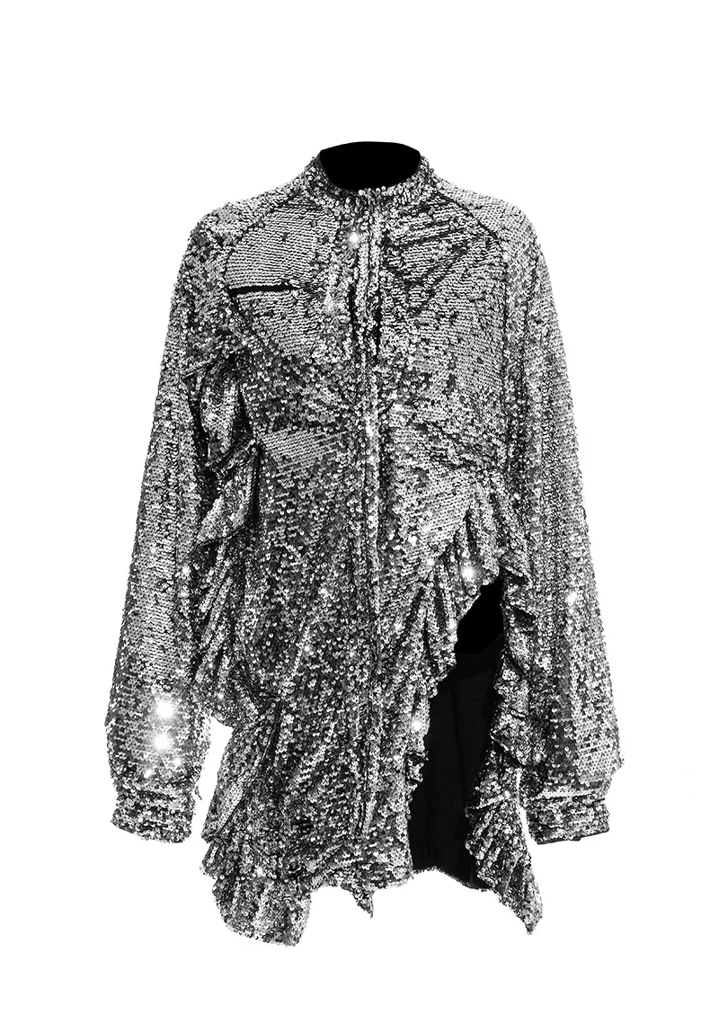 

2020 Female Sexy Nightclub Bengdi Heavy Industry Sequined Shiny Ruffled Long-sleeved Ladies Dress